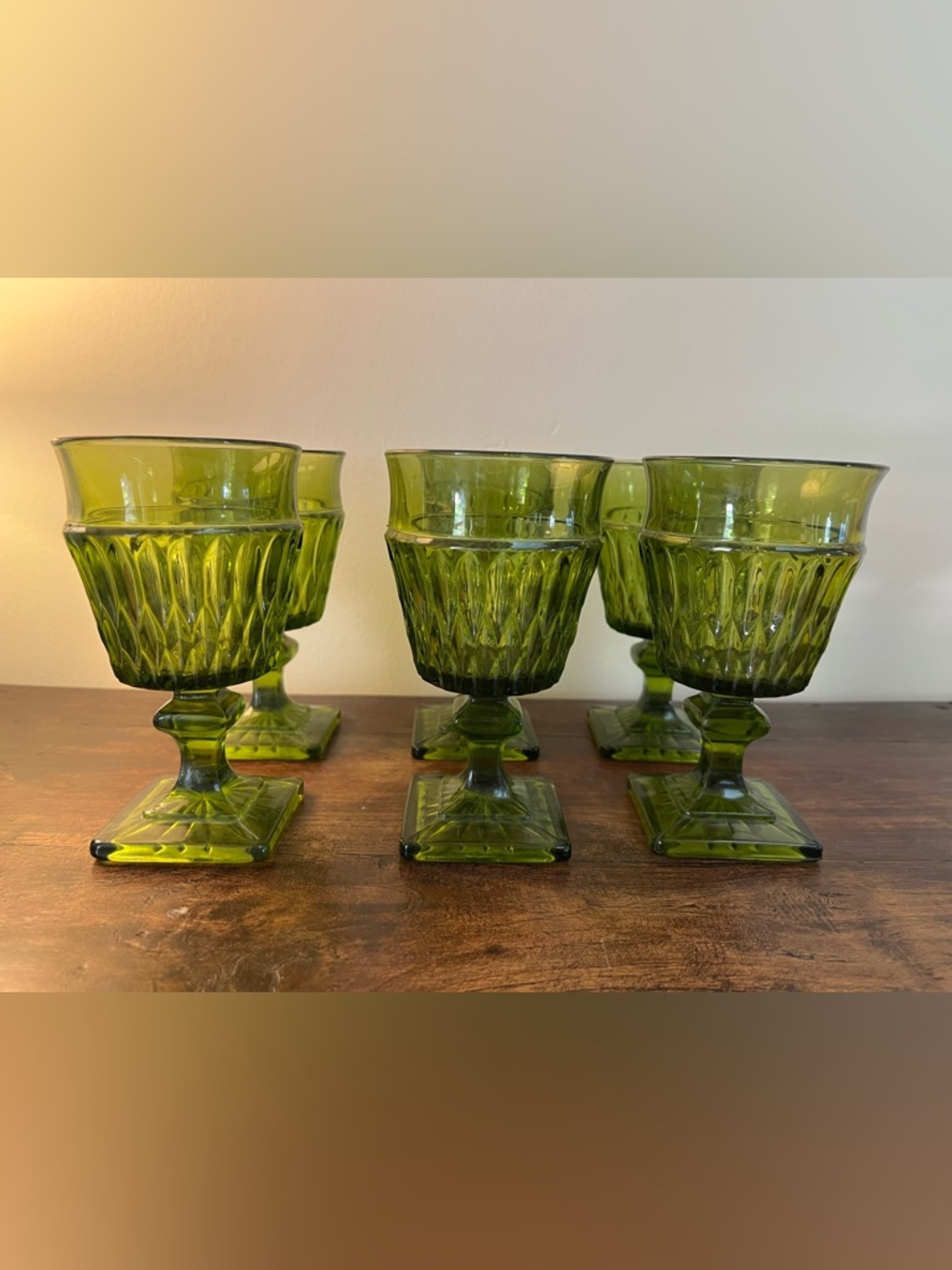 Set of 6 Indiana Glass Mt Vernon Avocado Green Goblets | Vintage Footed Glasses - Picture 2 of 6